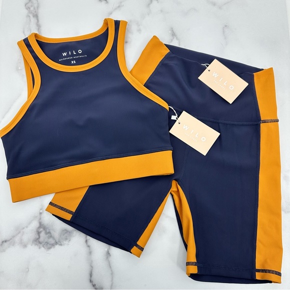 Wilo the Label Other - Wilo the Label Sports Bra and Biker Shorts Activewear Set Navy/Orange Size XS